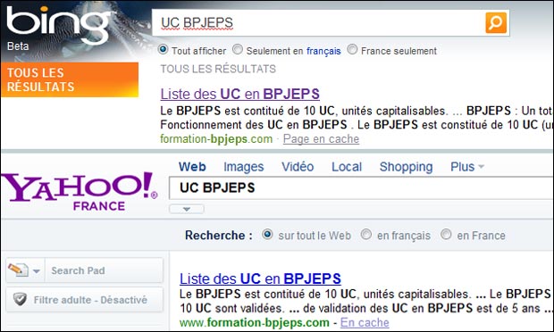 Bing et Yahoo