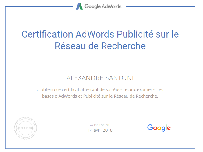 Certification Adwords de Alexandre Santoni